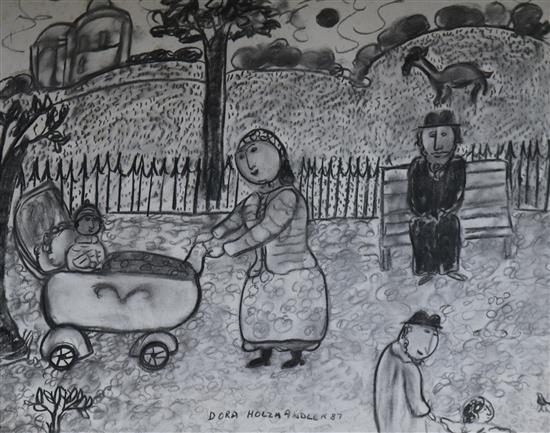 Dora Holzhandler, charcoal, figures in a park, signed and dated 87, 47 x 58cm